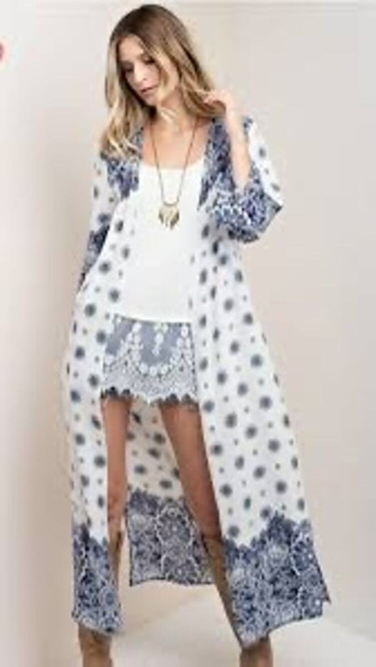 Kori America Bkue White Duster Kimono Boho Print Women’s Size Large